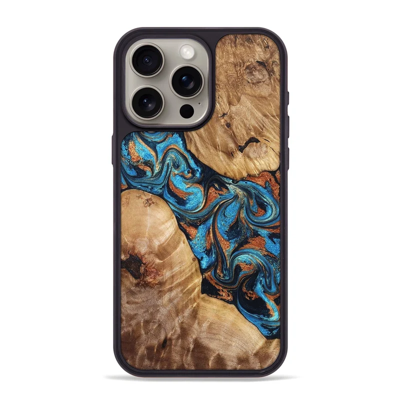 iPhone 15 Pro Max Wood Phone Case - Erna (Teal & Gold, 829686)