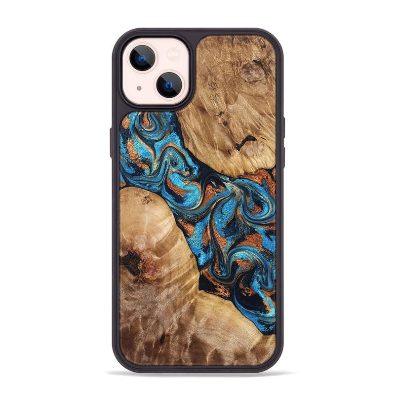 iPhone 14 Plus Wood Phone Case - Erna (Teal & Gold, 829686)