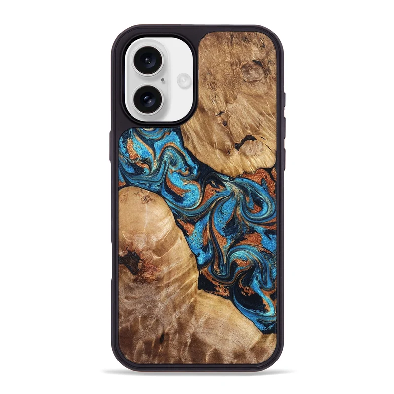 iPhone 16 Plus Wood Phone Case - Erna (Teal & Gold, 829686)