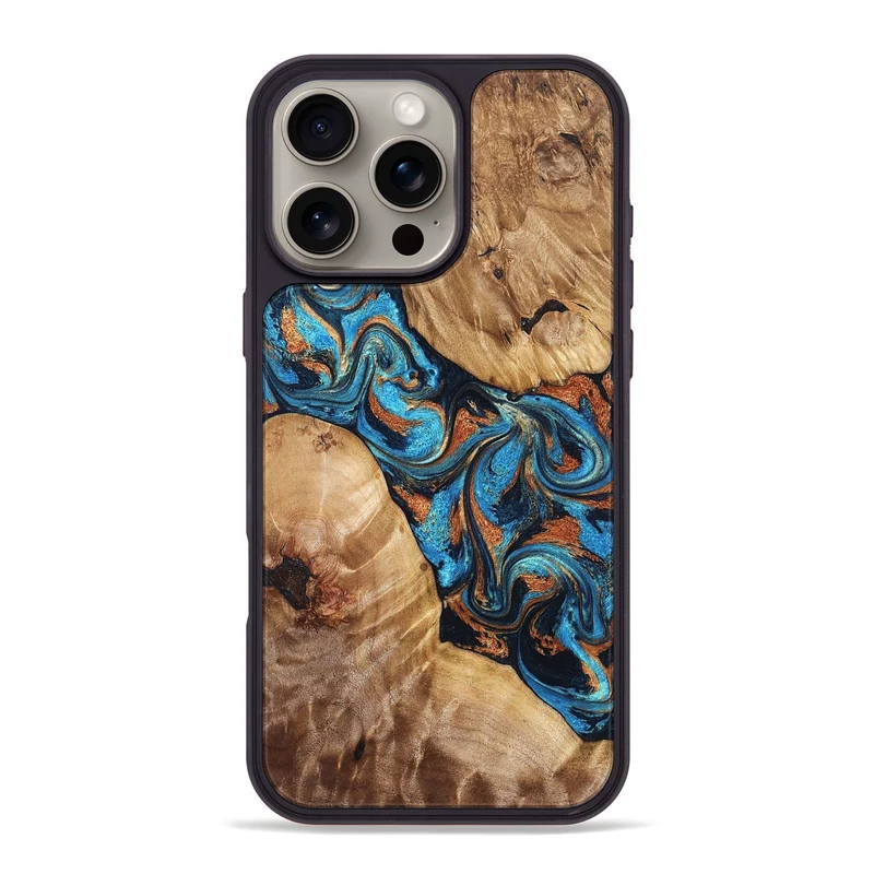 iPhone 16 Pro Max Wood Phone Case - Erna (Teal & Gold, 829686)