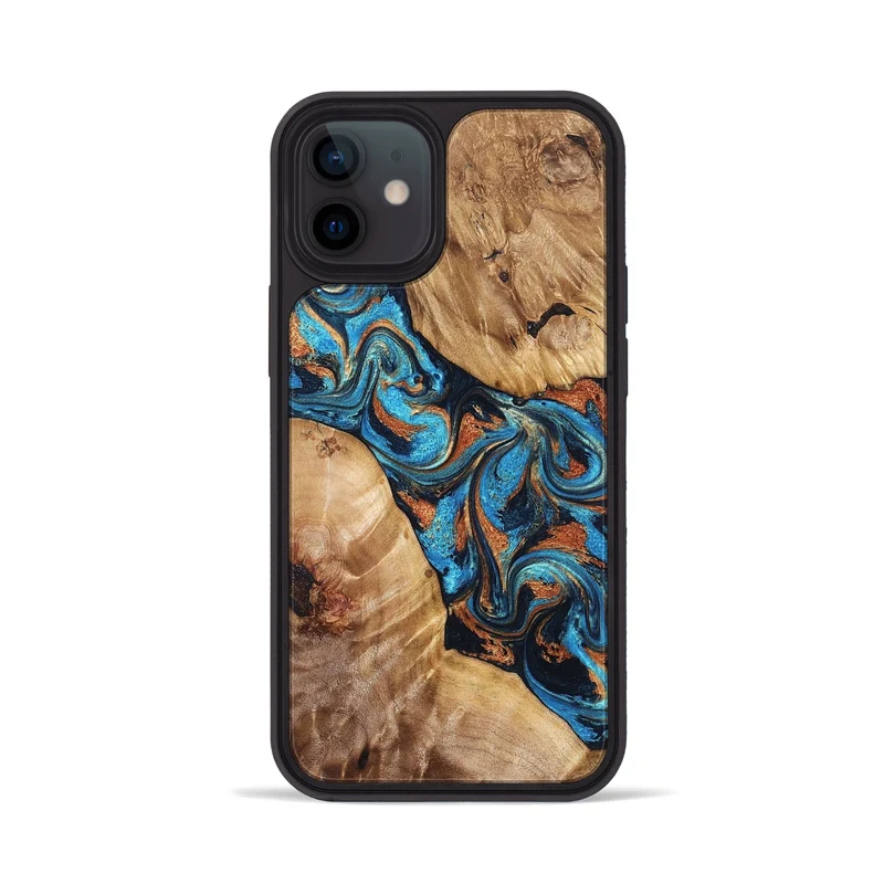 iPhone 12 Wood Phone Case - Erna (Teal & Gold, 829686)
