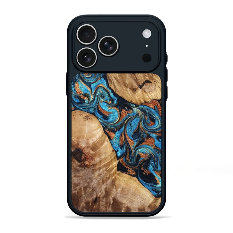 iPhone 17 Pro Max Wood Phone Case - Erna (Teal & Gold, 829686)
