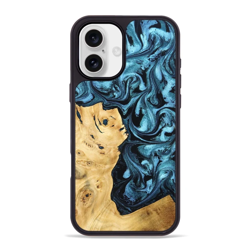 iPhone 16 Plus Wood Phone Case - Davion (Blue, 829671)