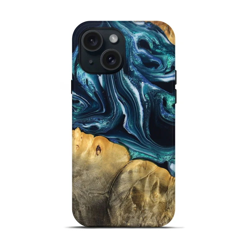 iPhone 15 Wood Live Edge Phone Case - Trish (Blue, 829467)