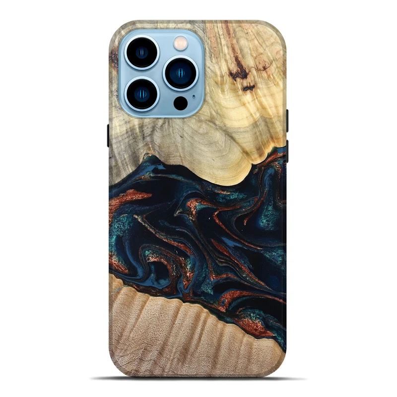 iPhone 14 Pro Max Wood Live Edge Phone Case - Coleen (Teal & Gold, 829495)