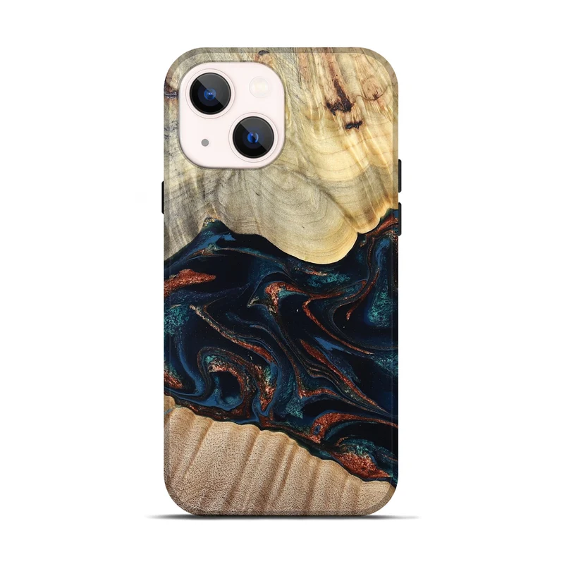 iPhone 14 Wood Live Edge Phone Case - Coleen (Teal & Gold, 829495)