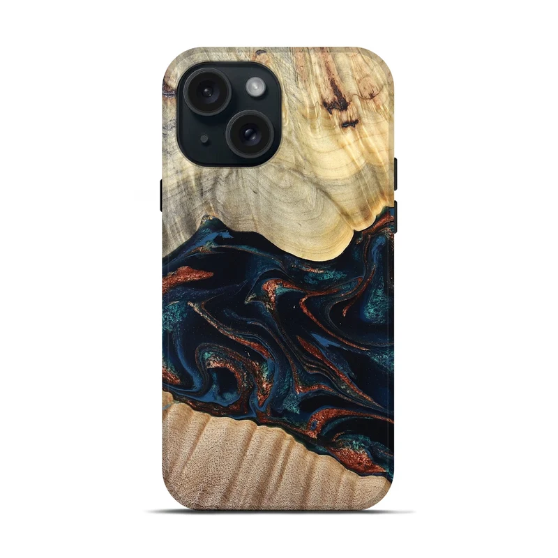 iPhone 15 Wood Live Edge Phone Case - Coleen (Teal & Gold, 829495)
