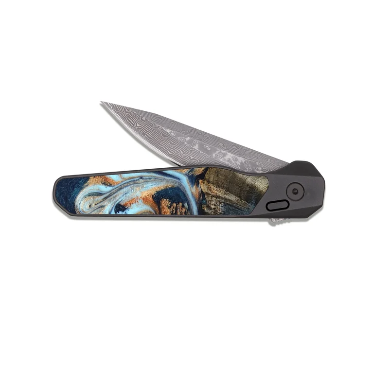 EDC Dark Damascus Wood Pocket Knife - Debra (Teal & Gold, 829443)