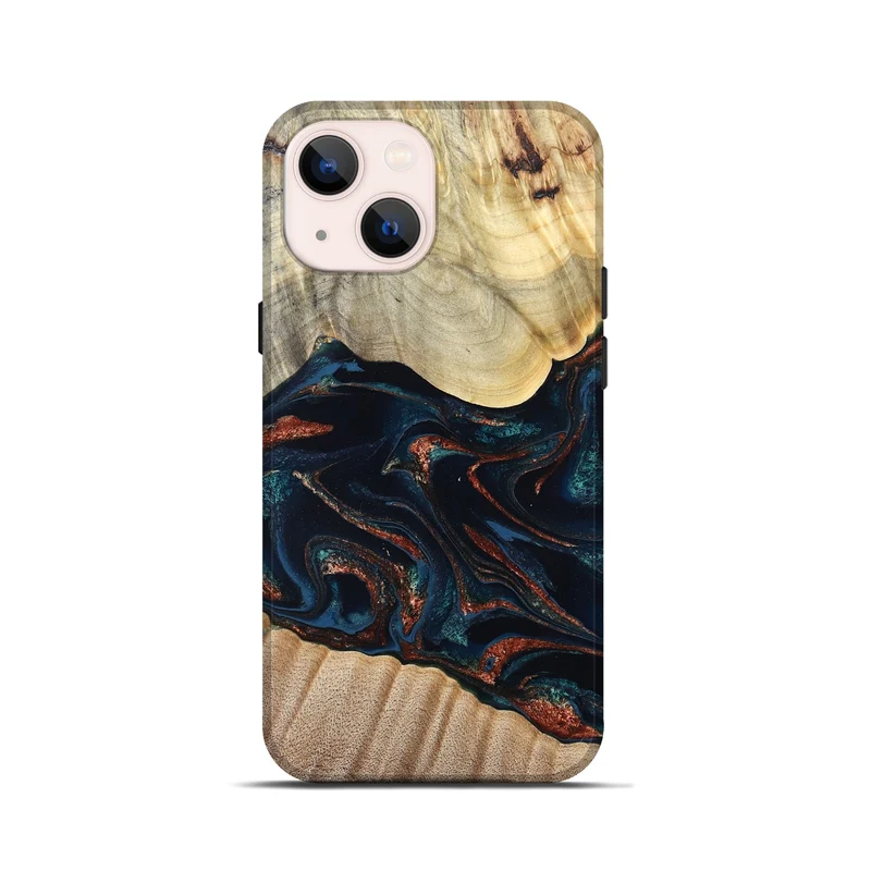 iPhone 13 mini Wood Live Edge Phone Case - Coleen (Teal & Gold, 829495)