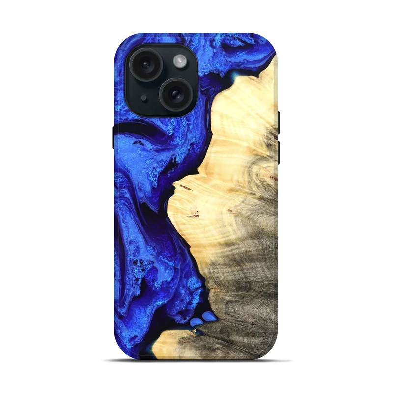 iPhone 15 Wood Live Edge Phone Case - Carey (Blue, 829497)