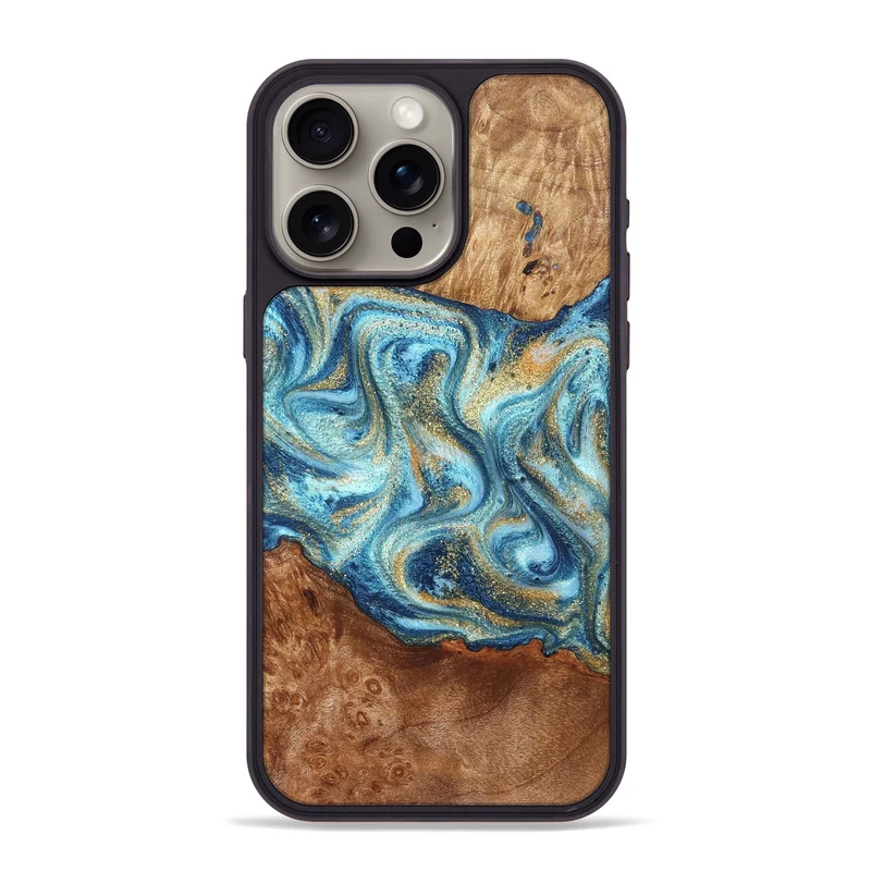 iPhone 15 Pro Max Wood Phone Case - Doug (Teal & Gold, 829410)