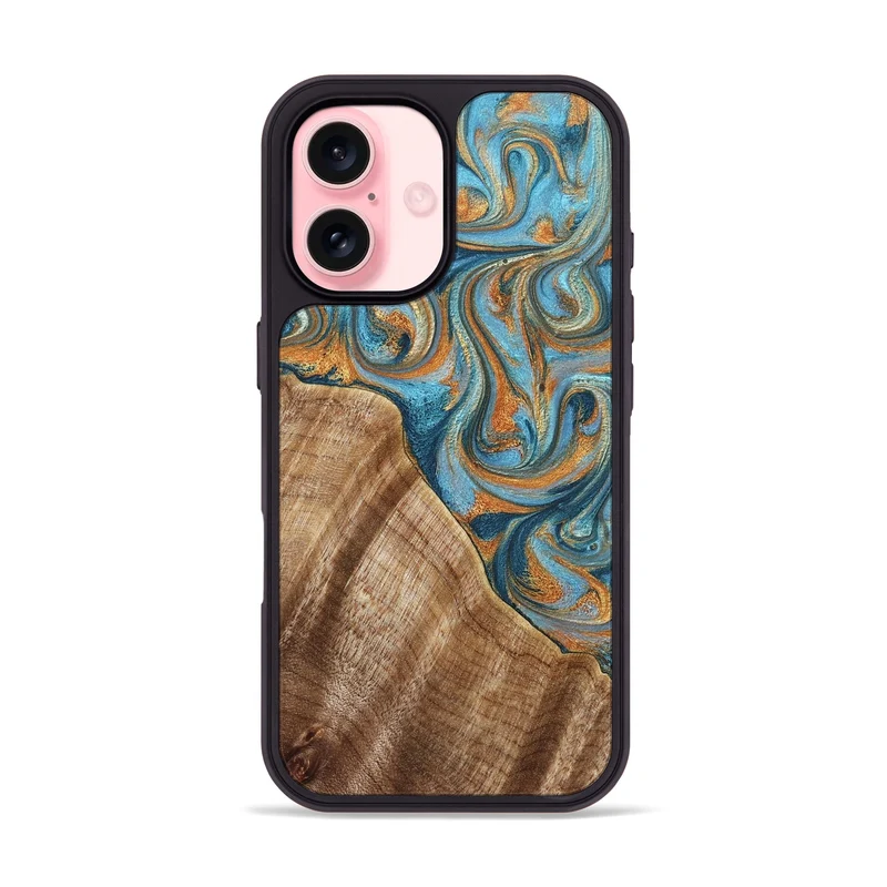 iPhone 16 Wood Phone Case - Marylou (Teal & Gold, 829445)