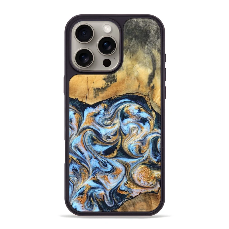 iPhone 16 Pro Max Wood Phone Case - Ellen (Teal & Gold, 829416)