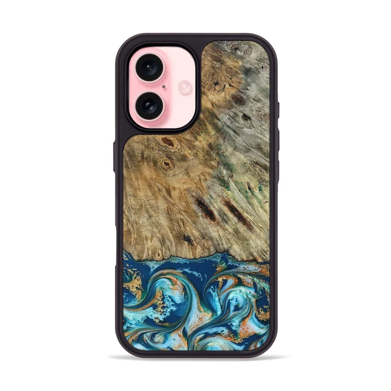 iPhone 16 Wood Phone Case - Efrain (Teal & Gold, 829415)