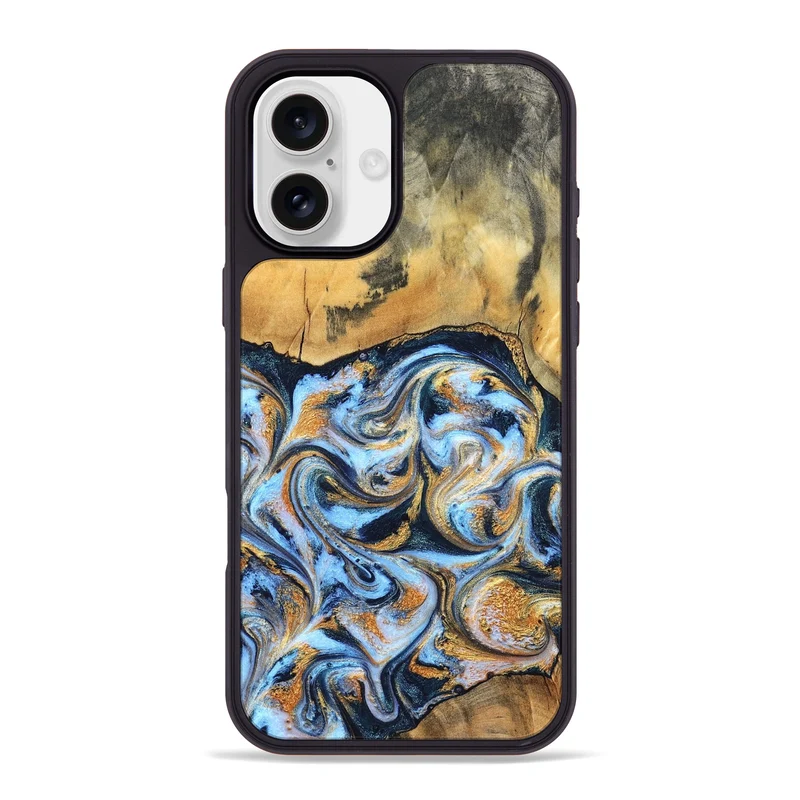iPhone 16 Plus Wood Phone Case - Ellen (Teal & Gold, 829416)