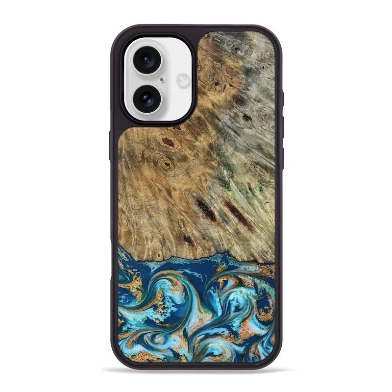 iPhone 16 Plus Wood Phone Case - Efrain (Teal & Gold, 829415)