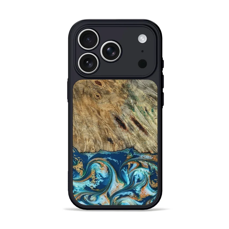 iPhone 17 Pro Wood Phone Case - Efrain (Teal & Gold, 829415)