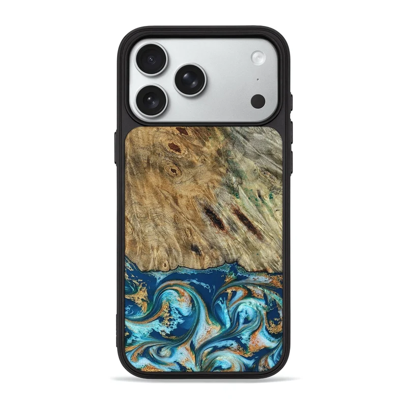 iPhone 18 Pro Max Wood Phone Case - Efrain (Teal & Gold, 829415)