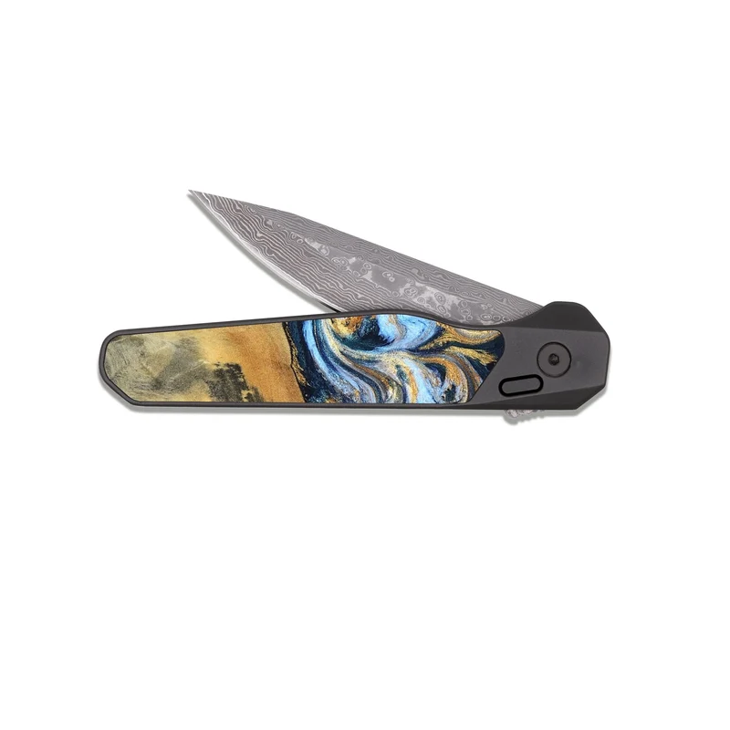EDC Dark Damascus Wood Pocket Knife - Ellen (Teal & Gold, 829416)