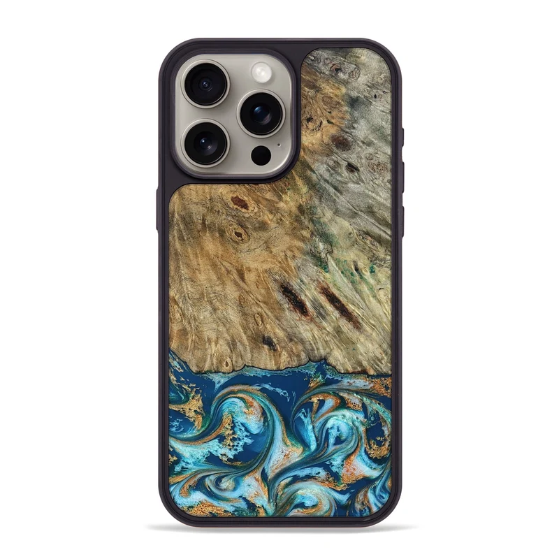 iPhone 15 Pro Max Wood Phone Case - Efrain (Teal & Gold, 829415)