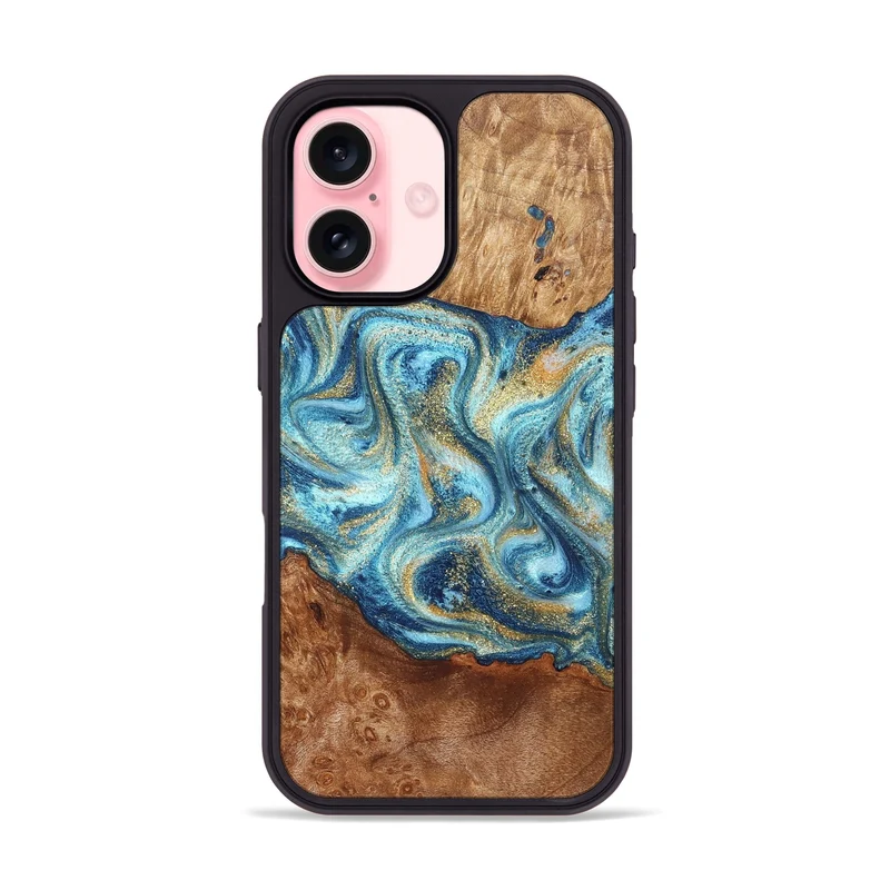 iPhone 16 Wood Phone Case - Doug (Teal & Gold, 829410)