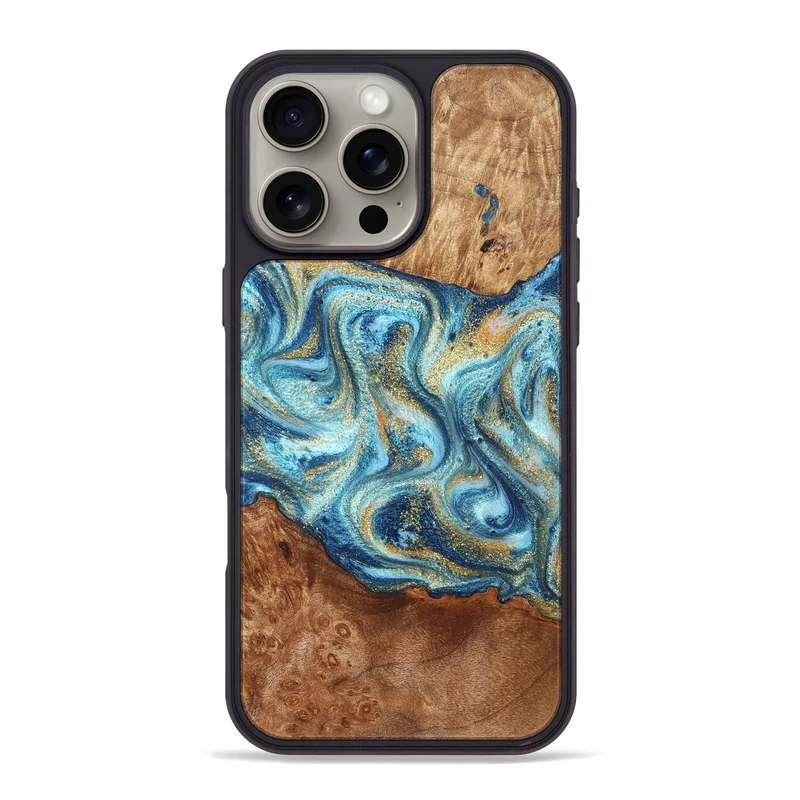 iPhone 16 Pro Max Wood Phone Case - Doug (Teal & Gold, 829410)