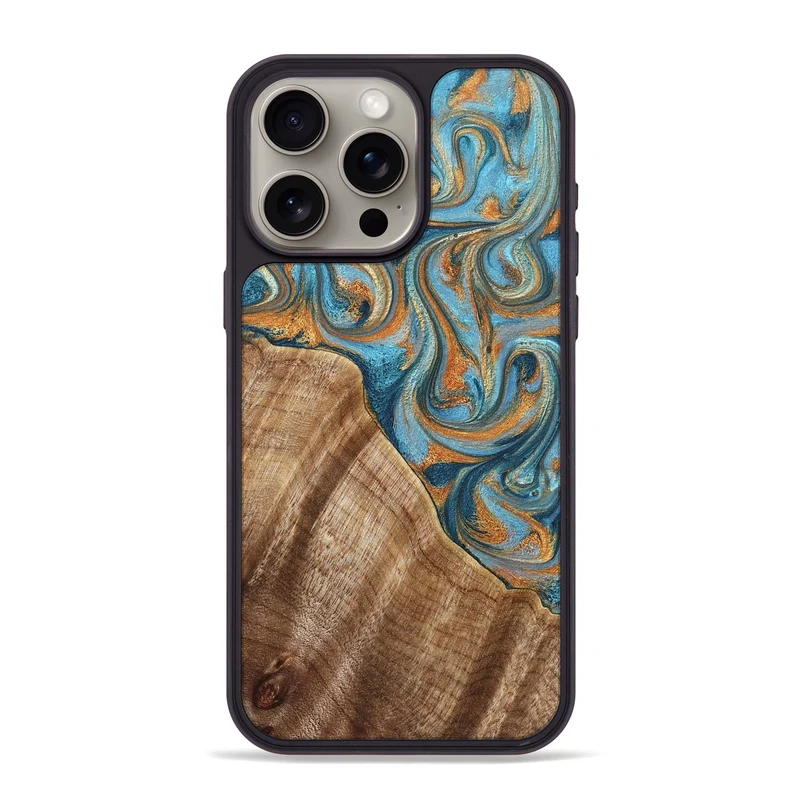 iPhone 15 Pro Max Wood Phone Case - Marylou (Teal & Gold, 829445)