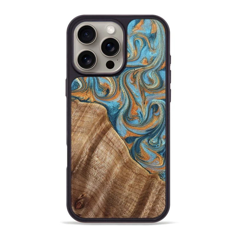 iPhone 16 Pro Max Wood Phone Case - Marylou (Teal & Gold, 829445)