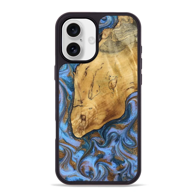 iPhone 16 Plus Wood Phone Case - Tristen (Teal & Gold, 829446)