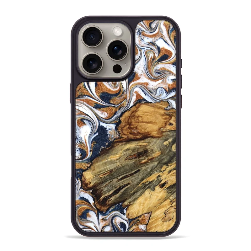 iPhone 16 Pro Max Wood Phone Case - Jessica (Teal & Gold, 829408)