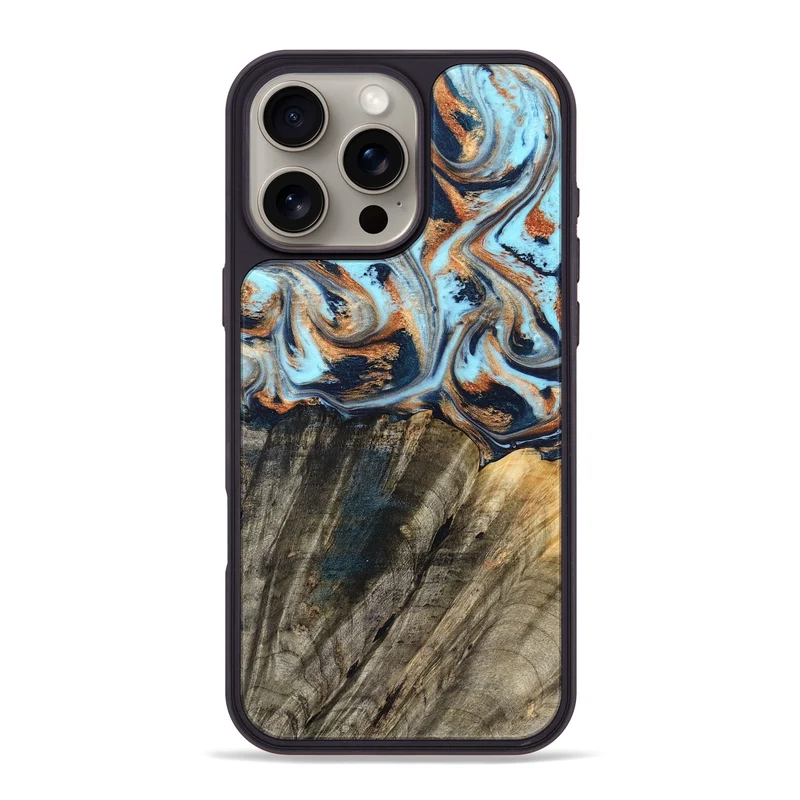iPhone 16 Pro Max Wood Phone Case - Debra (Teal & Gold, 829443)