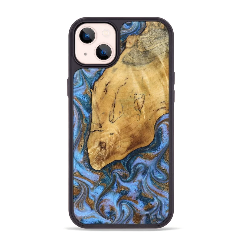 iPhone 14 Plus Wood Phone Case - Tristen (Teal & Gold, 829446)