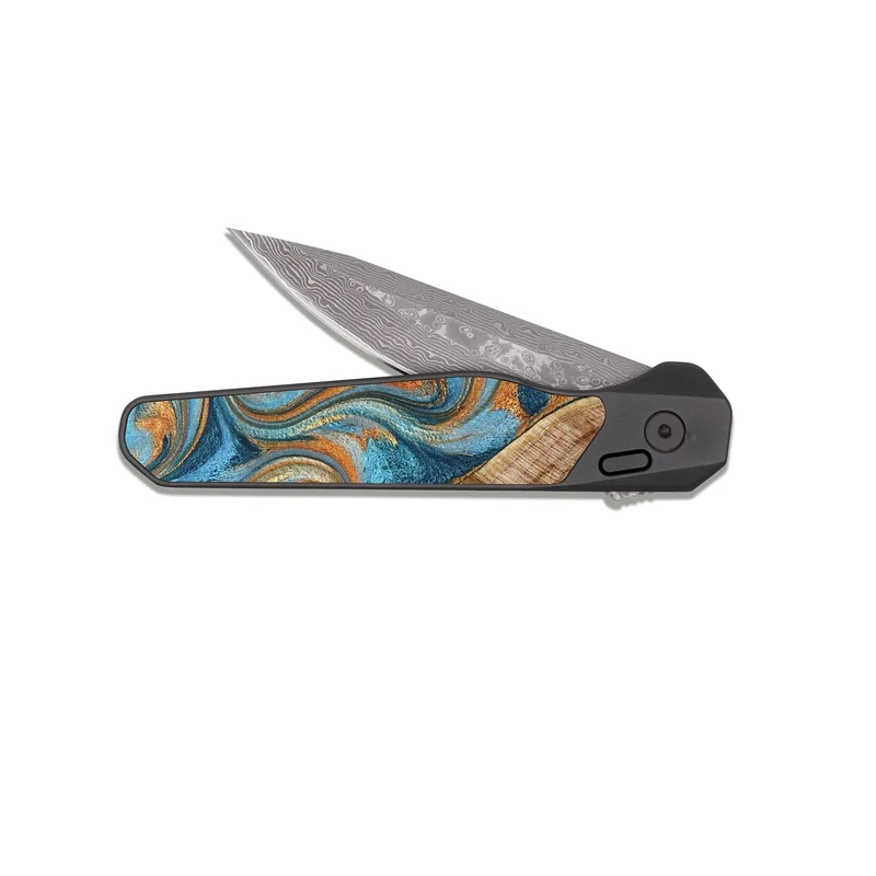EDC Dark Damascus Wood Pocket Knife - Marylou (Teal & Gold, 829445)