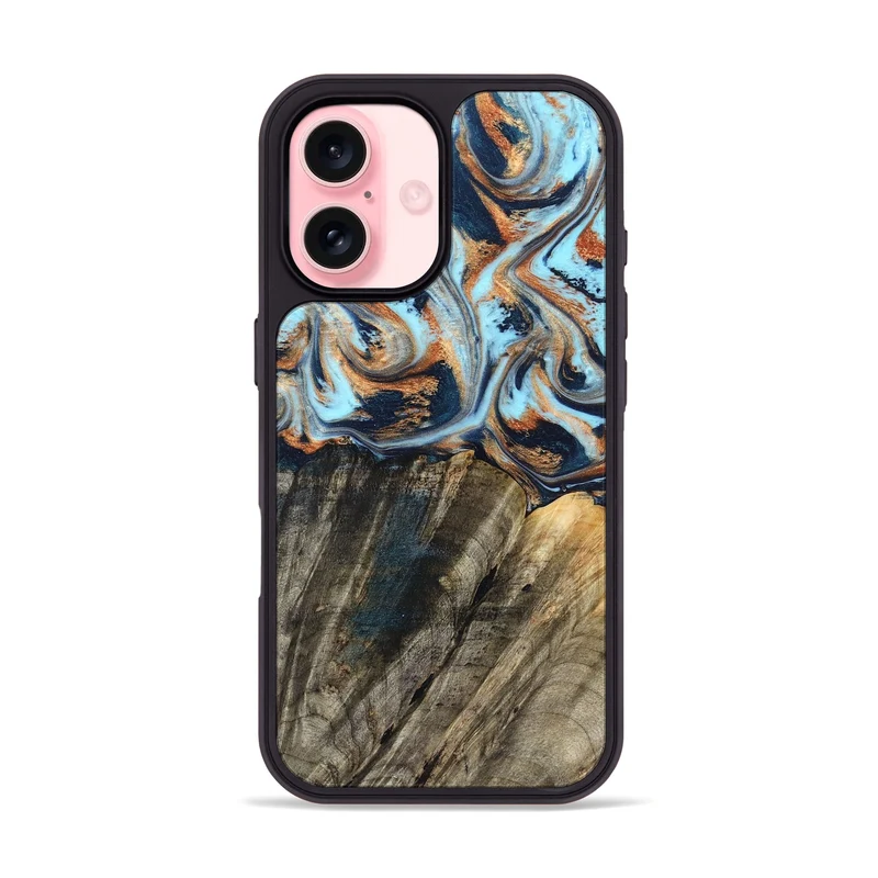iPhone 16 Wood Phone Case - Debra (Teal & Gold, 829443)