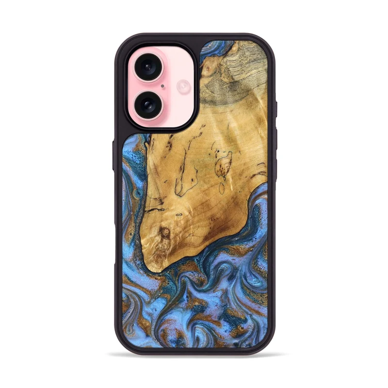 iPhone 16 Wood Phone Case - Tristen (Teal & Gold, 829446)