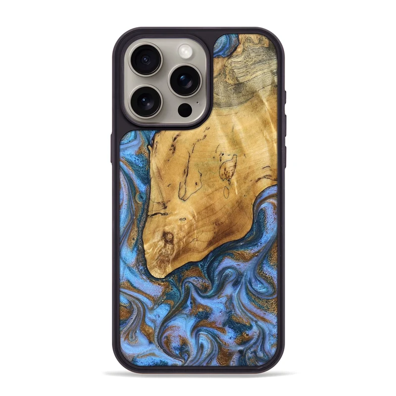 iPhone 15 Pro Max Wood Phone Case - Tristen (Teal & Gold, 829446)