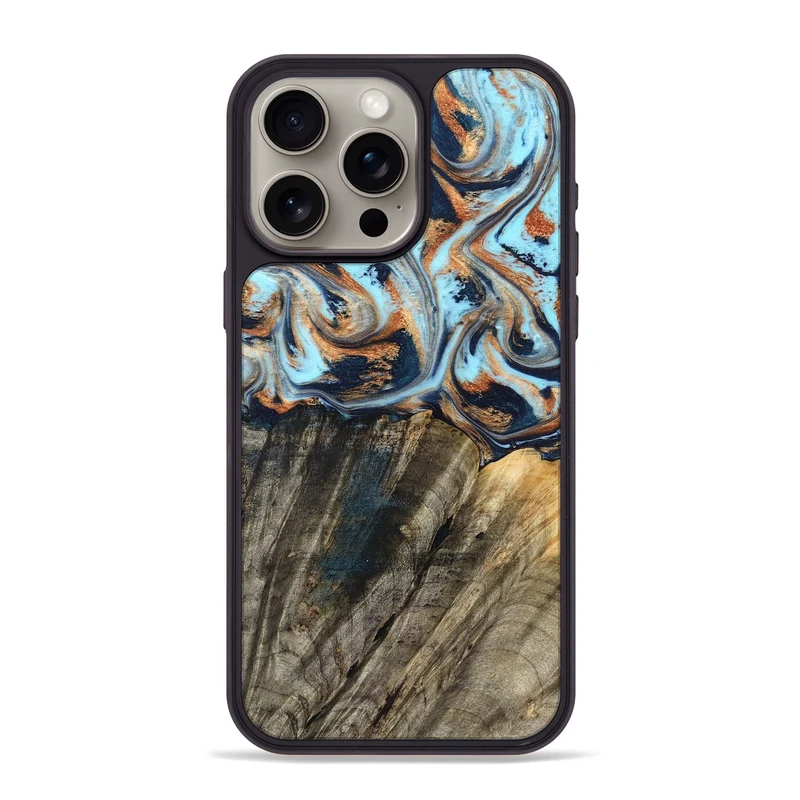 iPhone 15 Pro Max Wood Phone Case - Debra (Teal & Gold, 829443)