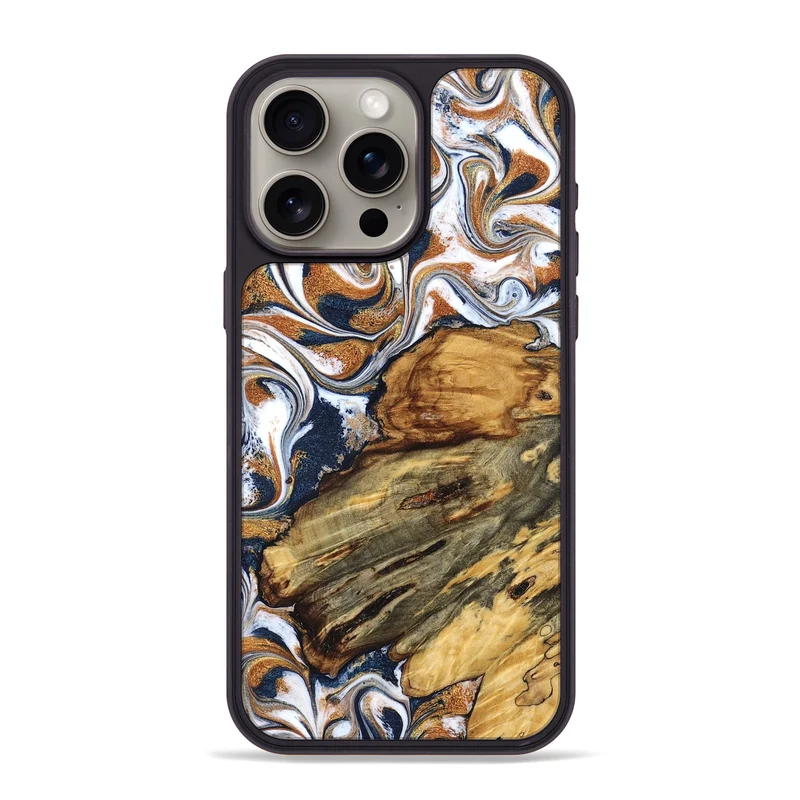 iPhone 15 Pro Max Wood Phone Case - Jessica (Teal & Gold, 829408)