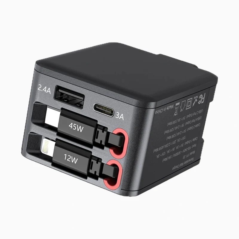 NexTECH® | 4-in-1 Retractable Fast Wall Charger – Dual USB & Type-C Cables